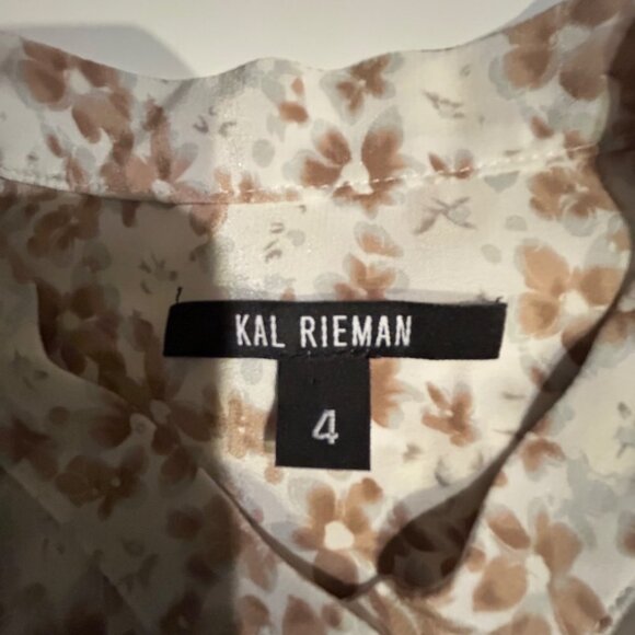 Karl Reiman Blouse Womens Size 4 White/Tan Silk Floral Ruffle Button Down Soft - Picture 6 of 7